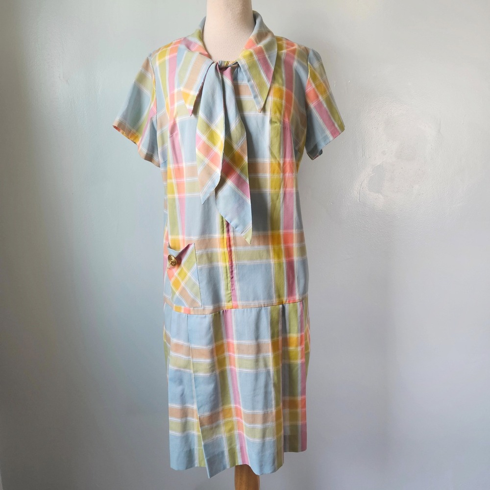 Vtg 60s Glenbrooke Penn-Prest Pastel Plaid House Dress Zip Blue Pink Yellow L